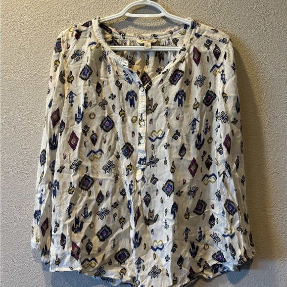 Lucky Brand Aztec Boho Print Sheer Henley Blouse Size L Natural Long Sleeve - Picture 3 of 7